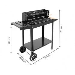 Prostokątny grill ogrodowy na kółkach z półką na przyprawy blatem i wyposażeniem