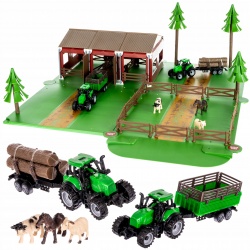 Duża farma zagroda zwierzątka traktor przyczepa pojazdy rolnicze