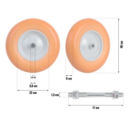 Koło do taczki bezdętkowe pełne PU 4.00-8 bieżnik z wzorkiem pomarańczowe