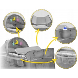 Łóżeczko turystyczne sładane kojec 125x65x78 cm daszek z zabawkami odpinane boczne wejście przewijak organizer