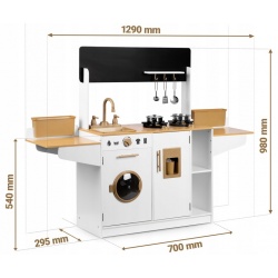 Kuchnia drewniana dla dzieci sztućce garnki zabawkowe pralka tablica kredowa