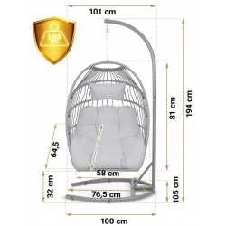 Fotel wiszący szary kokon huśtawka ogrodowy gniazdo z poduszkami Luisiana