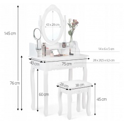 Toaletka kosmetyczna z lustrem i taboretem biała Stello szuflady