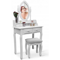 Toaletka kosmetyczna z lustrem i taboretem biała Stello szuflady